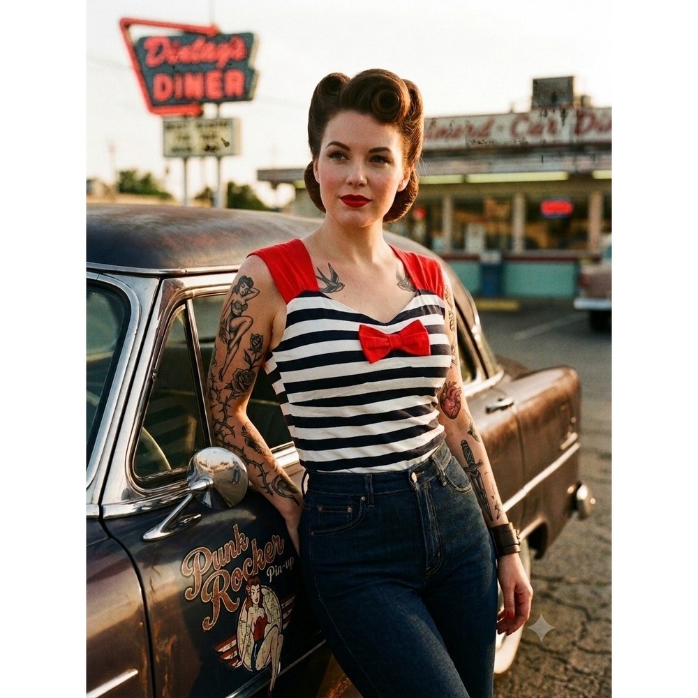 Authentic Sourpuss Sweetheart BlueWht Stripe Bow Top Punk Tattoo Shirt Nautical
